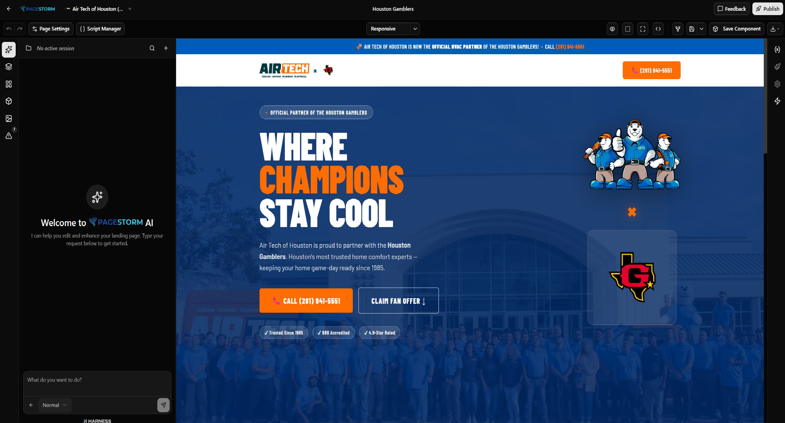 PageStorm AI builder — real product interface